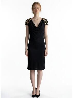 Stunning Statement Nick Verreos Black Dress Size S Gold Studs Detail S